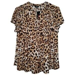 Cocomo Women's Plus Size 2X Tan Multi Animal Print Pintuck Flutter Sleeve Top